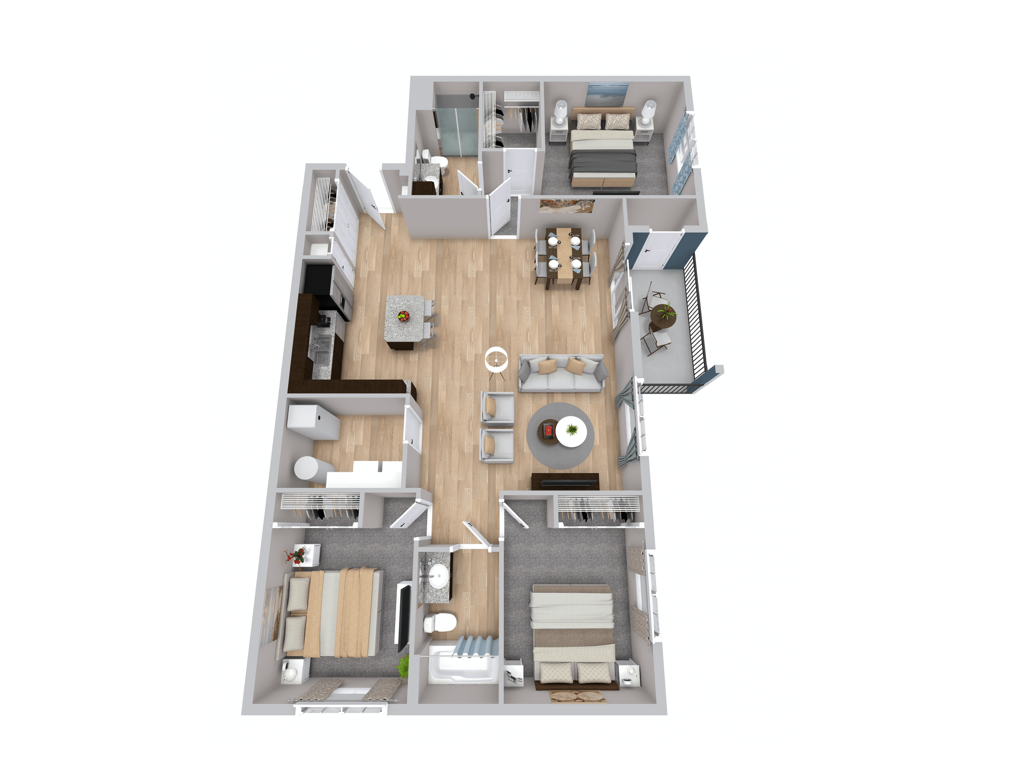 Floor plan for 3 beds, 2 baths, 1444 sqft